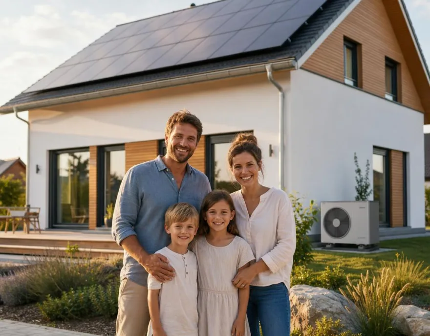 Fertighaus mit PV und Wärmepumpe: KfW-Förderung sichern Junge Familie vor ihrem neu gebauten Fertighaus mit Photovoltaik-Anlage und Wärmepumpe – KfW-förderfähiger Effizienzhaus-Neubau