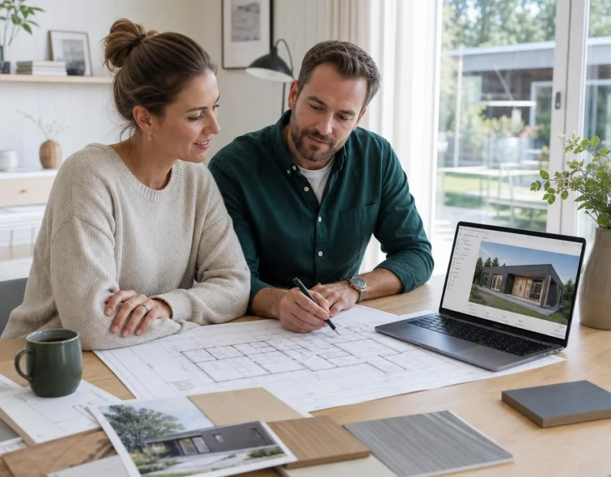 Fertighaus-Konfigurator: Grundriss, Dachform und Ausstattung digital planen Paar plant sein Fertighaus am Tisch mit Grundriss, Materialmustern und 3D-Hauskonfigurator am Laptop
