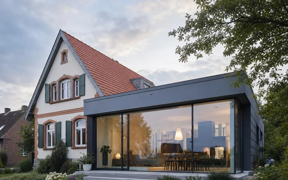 Moderner Flachdach-Anbau mit Glasfront am Bestandshaus – Modul-Erweiterung mit planbaren Kosten 2026 Moderner Flachdach-Anbau mit Glasfront am Bestandshaus – Modul-Erweiterung mit planbaren Kosten 2026
