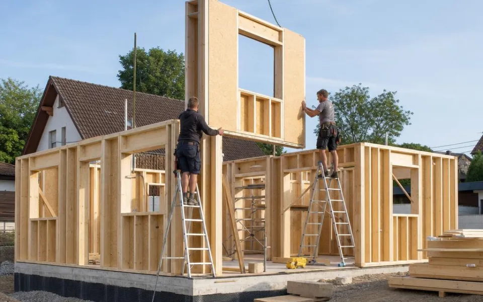 Bausatzhaus im Selbstaufbau: Wandelemente werden montiert – der günstigste Weg zum Eigenheim 2026 Bausatzhaus im Selbstaufbau: Wandelemente werden montiert – der günstigste Weg zum Eigenheim 2026