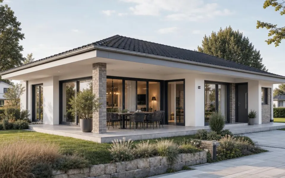 Ebenerdiger Bungalow-Neubau mit überdachter Terrasse und bodentiefen Fenstern – barrierefrei bauen 2026 Ebenerdiger Bungalow-Neubau mit überdachter Terrasse und bodentiefen Fenstern – barrierefrei bauen 2026