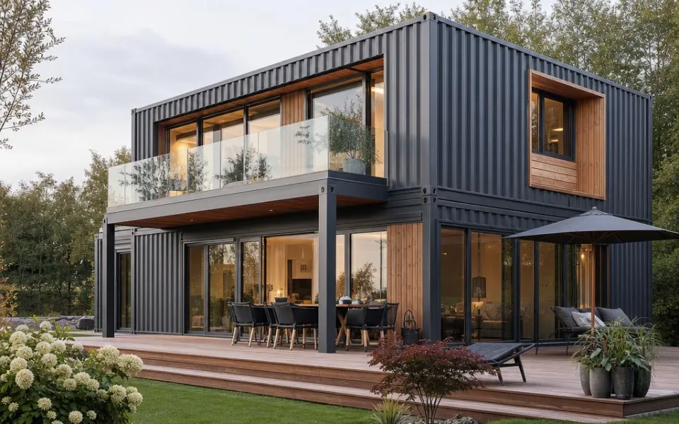 Containerhaus mit anthrazitfarbener Wellblech-Fassade, Holzdeck und Glasschiebetüren – Kostenbeispiel 2026 Containerhaus mit anthrazitfarbener Wellblech-Fassade, Holzdeck und Glasschiebetüren – Kostenbeispiel 2026