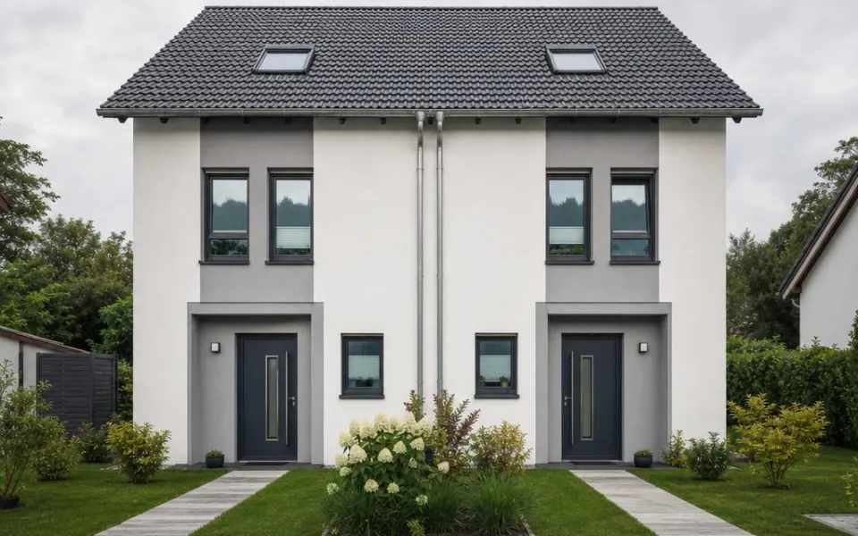 Doppelhaus in Fertigbauweise mit zwei gespiegelten Wohneinheiten – Baukosten pro Einheit 2026 Doppelhaus in Fertigbauweise mit zwei gespiegelten Wohneinheiten – Baukosten pro Einheit 2026
