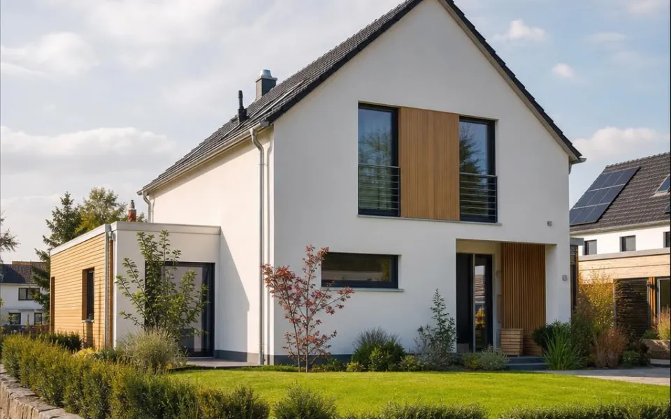 Freistehendes Einfamilienhaus als Fertighaus-Neubau mit Satteldach und Holzakzenten – Preisbeispiel 2026 Freistehendes Einfamilienhaus als Fertighaus-Neubau mit Satteldach und Holzakzenten – Preisbeispiel 2026