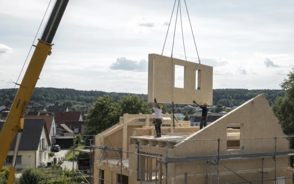 Fertighaus-Montage: Kran setzt vorgefertigtes Wandelement – vom Werk zur Baustelle in wenigen Tagen 2026 Fertighaus-Montage: Kran setzt vorgefertigtes Wandelement – vom Werk zur Baustelle in wenigen Tagen 2026