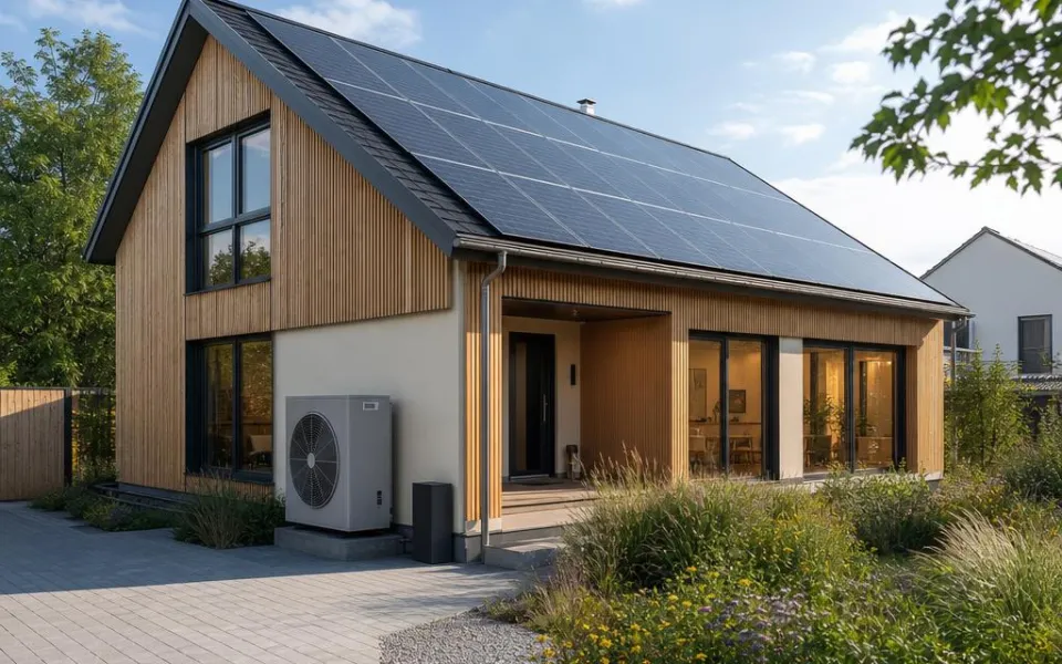 KfW-40-Effizienzhaus mit vollflächigem Photovoltaik-Dach und Wärmepumpe – maximale Neubau-Förderung 2026 KfW-40-Effizienzhaus mit vollflächigem Photovoltaik-Dach und Wärmepumpe – maximale Neubau-Förderung 2026