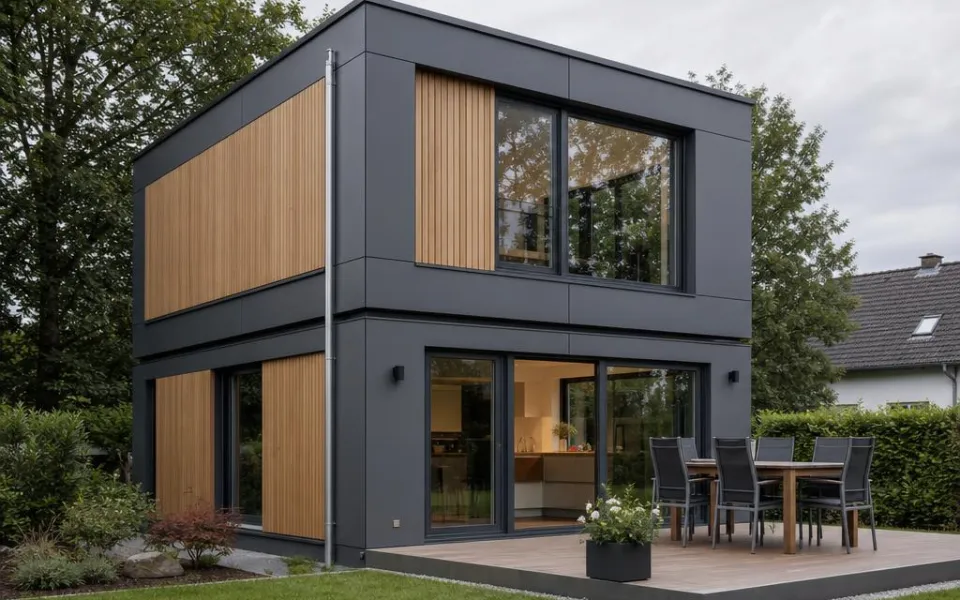 Modulhaus aus zwei gestapelten Raummodulen mit Anthrazit-Holz-Fassade – schlüsselfertige Modulpreise 2026 Modulhaus aus zwei gestapelten Raummodulen mit Anthrazit-Holz-Fassade – schlüsselfertige Modulpreise 2026