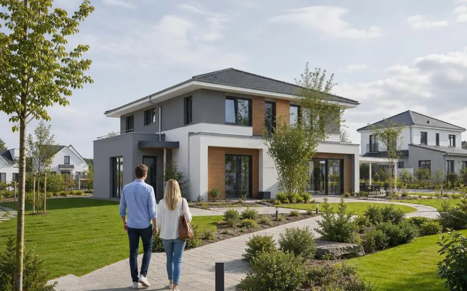 Paar auf dem Weg durch einen Musterhauspark zu einem modernen Ausstellungshaus – Besichtigung planen 2026 Paar auf dem Weg durch einen Musterhauspark zu einem modernen Ausstellungshaus – Besichtigung planen 2026