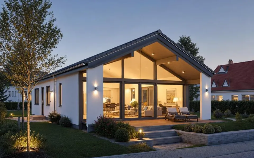 Schlüsselfertiges Fertighaus am Abend mit beleuchteter Glasfront – bezugsfertig bauen zum Festpreis 2026 Schlüsselfertiges Fertighaus am Abend mit beleuchteter Glasfront – bezugsfertig bauen zum Festpreis 2026