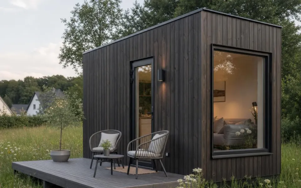 Tiny House mit dunkler Holzfassade und kleiner Terrasse – Minihaus-Preise kompakt erklärt 2026 Tiny House mit dunkler Holzfassade und kleiner Terrasse – Minihaus-Preise kompakt erklärt 2026