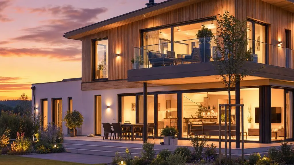 Fertighaus-Neubau: modernes Eigenheim mit Holzfassade Modernes Fertighaus mit Holzfassade und großen Fensterflächen in der Abendsonne – Neubau-Inspiration für Baufamilien