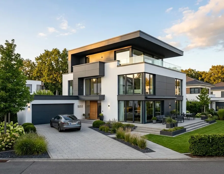 Fertighaus-Beispiel: moderne Architektur im Neubau Modernes Fertighaus mit klarer Architektur als Beispiel für den Neubau